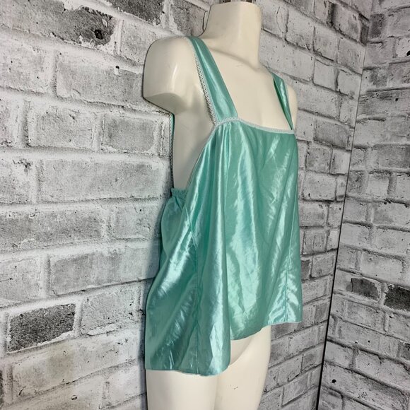 Vintage 90s Teal Satin Lace Trim Square Neck Camisole Boho Chic Crop Tank Top - Picture 4 of 16